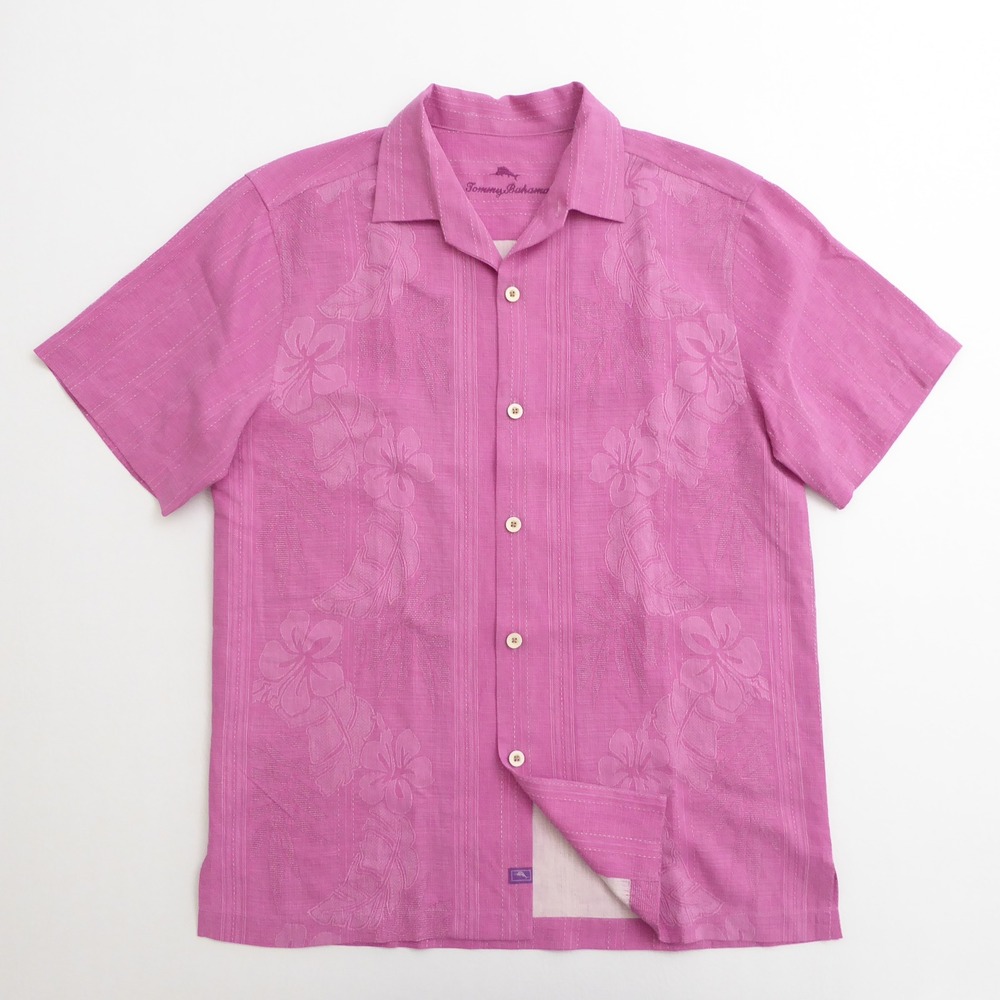 Tommy Bahama Mens Button Front Shirt Hawaiian Purple Bali Border Silk Medium